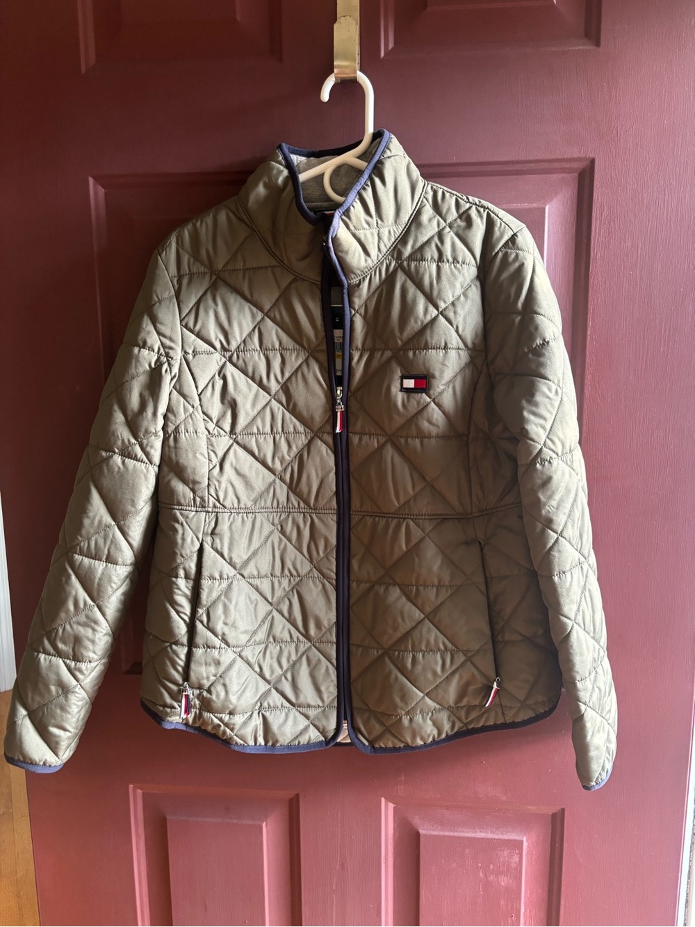 Tommy Hilfiger Quilted Olive Green Jacket with Navy Trim